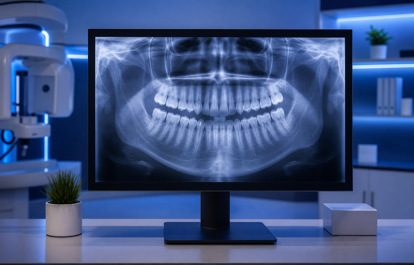 Imagem institucional de radiografia panorâmica odontológica em monitor moderno.
