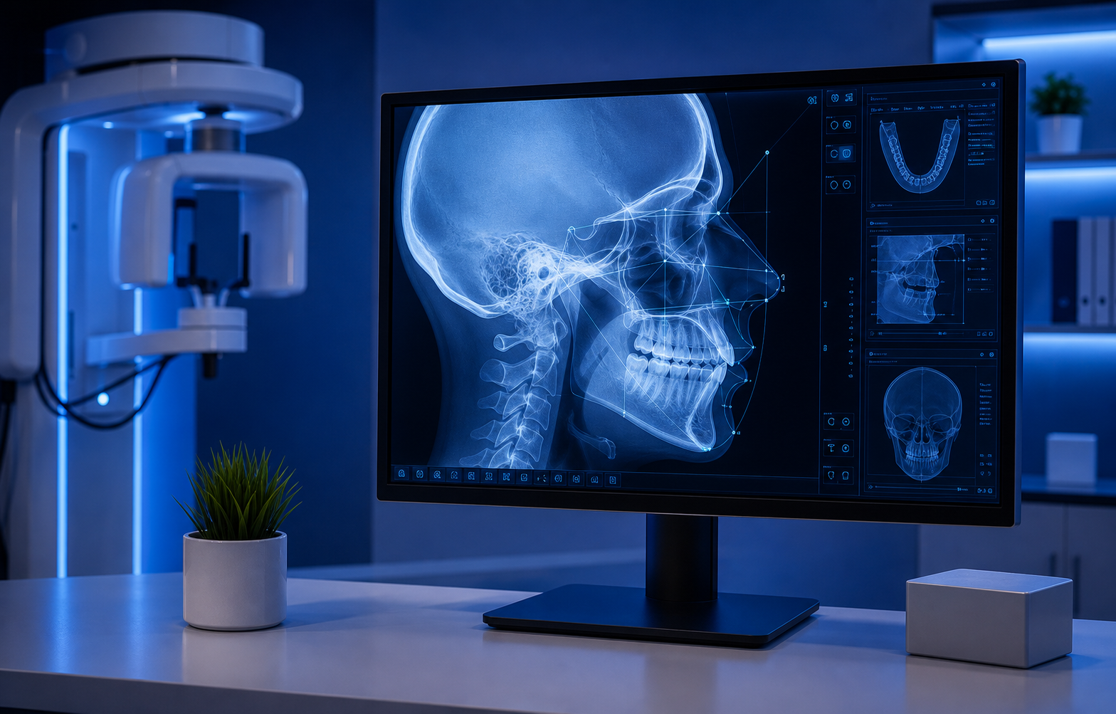 Imagem institucional de telerradiografia odontológica em tela digital.