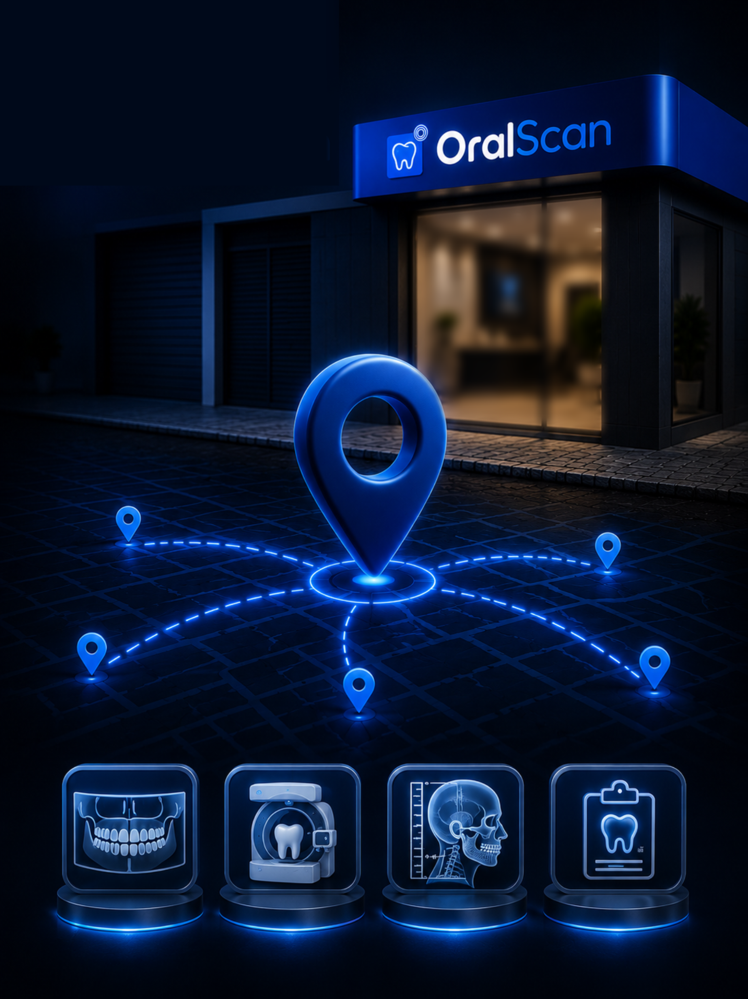 Imagem institucional da OralScan com localização, fachada e exames odontológicos por imagem.